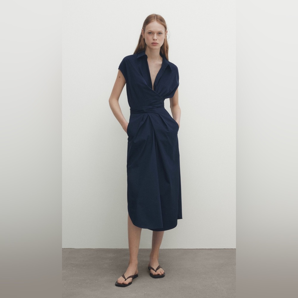 NEW Massimo Dutti Women’s Small Navy Poplin Shirt Dress With Knot Detail NWT